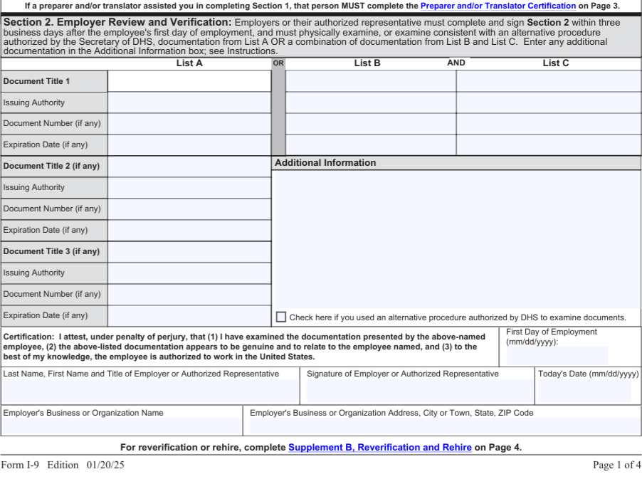 I-9 Form Bottom Section